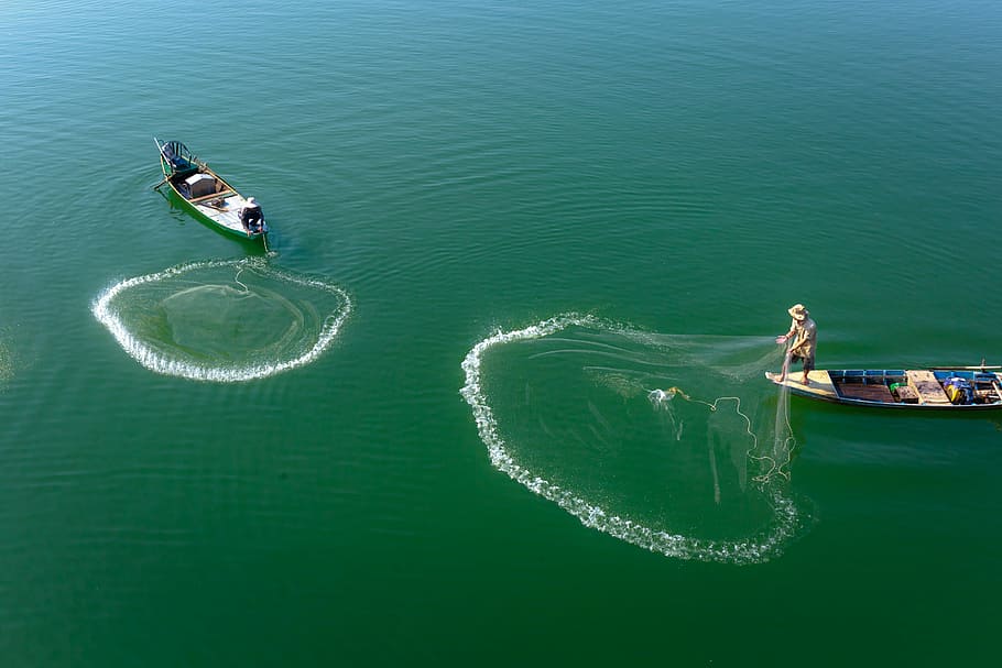 two, boats, body, water, throwing, fish, net, outdoor, fishing, vietnam