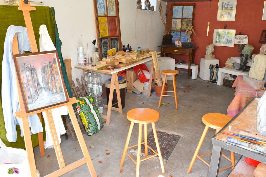 painting, easel, workbencjh, garage, atelier, art, art workshop, works of art, seat, chair