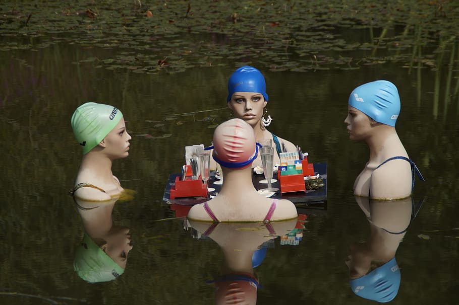 four, mannequins, surrounding, table, floating, water, swim, swimmers, pond, lake