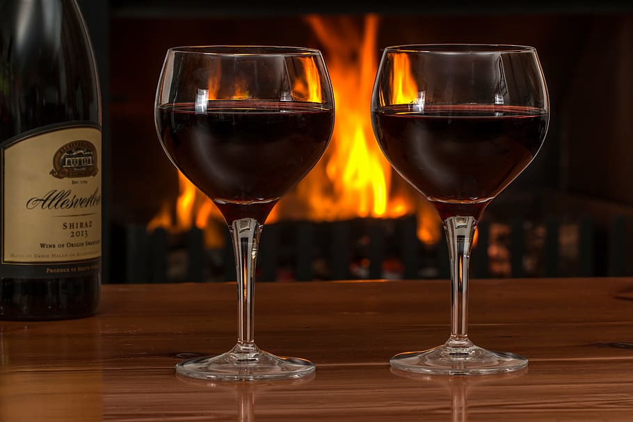 two, clear, long-stemmed, drinking glasses, red wine, glasses, log fire, red, wine, alcohol