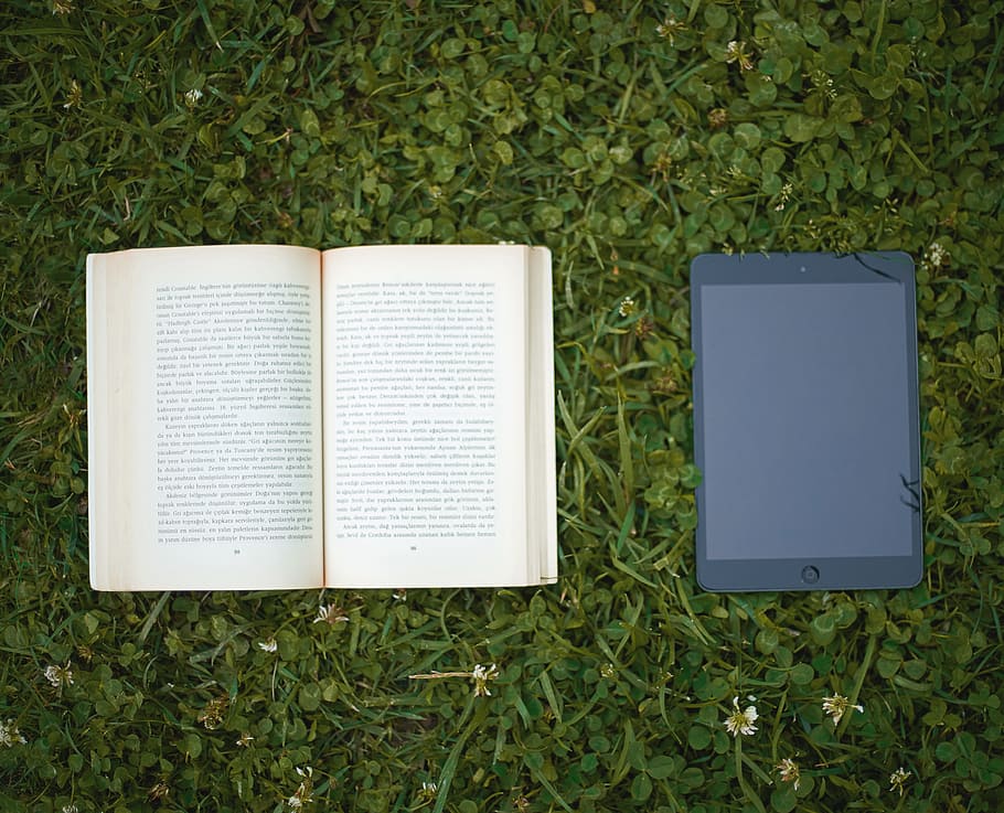 black, ipad, beige, book, green, grass, read, technology, old, new
