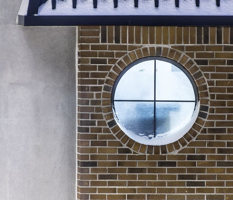 window, round, divided, fours, outside, snow, wall, brick, glass, house window