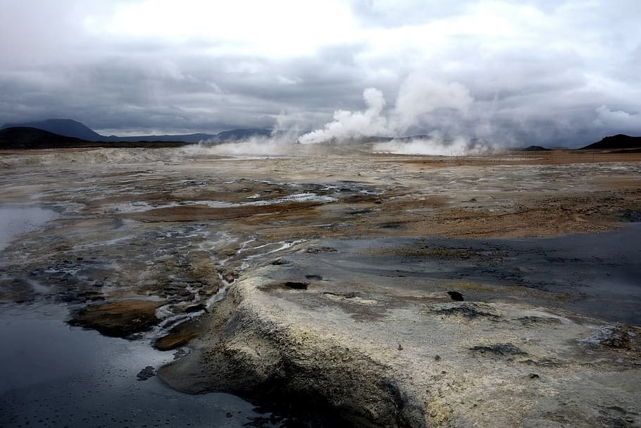 brown, field, grey, sky, hverir, námaskarð, active volcanism, sulfur, gases, hot source