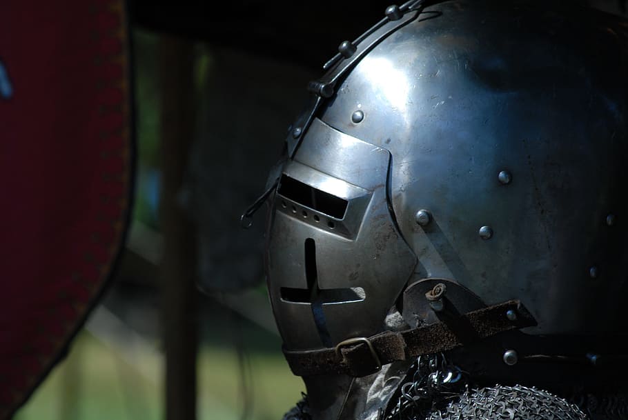 silver knight's helmet, medieval helmet, crusaders, helmet, metal, military, headwear, security, protection, work helmet