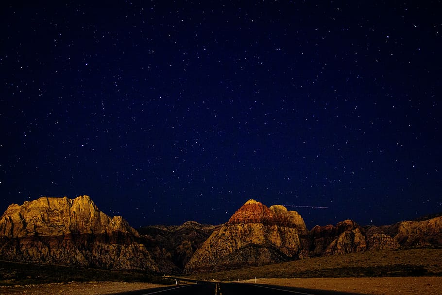 brown mountain, brown, canyon, starry, sky, nighttime, rural, road, canyons, cliffs
