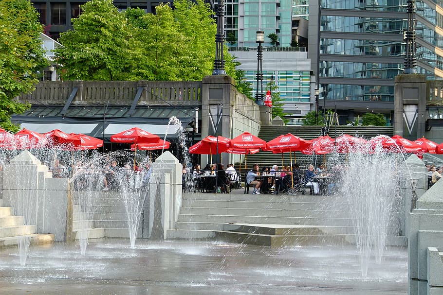 vancouver, lifestyle, fountains, summer, city, british columbia, canada, architecture, building exterior, built structure