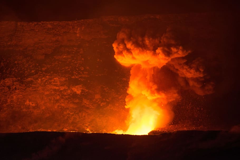 árvore queimada, vulcão, Halema'Uma'U, lago Lava, Plume, lago de lava halema'uma'u, colapso de prateleira, parque nacional dos vulcões, havaí, estados unidos da américa