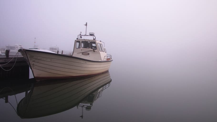 Boats, Motor Boat, Mist, Alone, boat, archipelago, bridge, still, reflection, mirroring