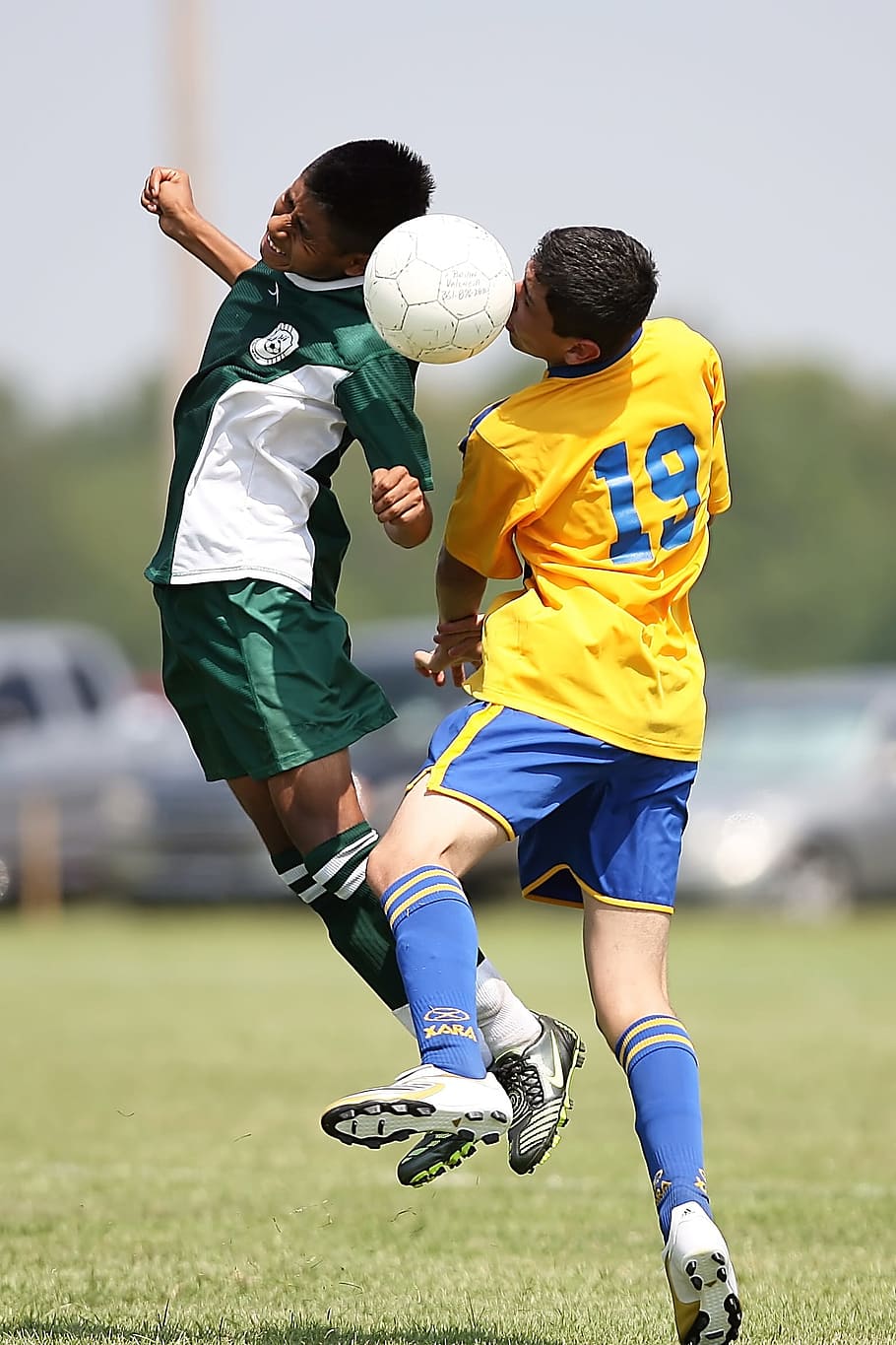 two, soccer players, heading, field, Soccer, Football, Conflict, Competition, player, boy