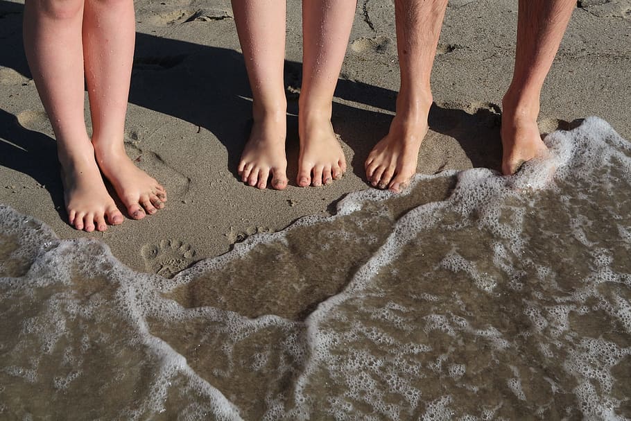 person, body, water, beach, sand, sea, feet, family, holiday, wave