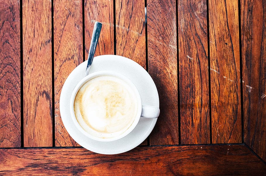 top, view photography, white, mug, saucer, teaspoon, coffee, latte, cappuccino, wood