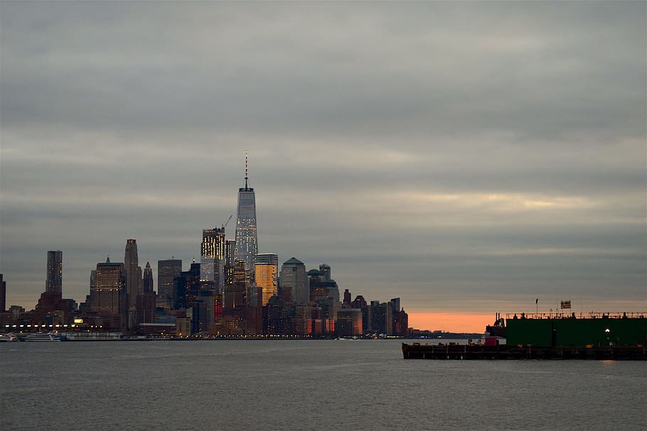 New York City, Skyline, Twilight, Lampu, awan, langit, hudson river, sunset, pusat kota, new york