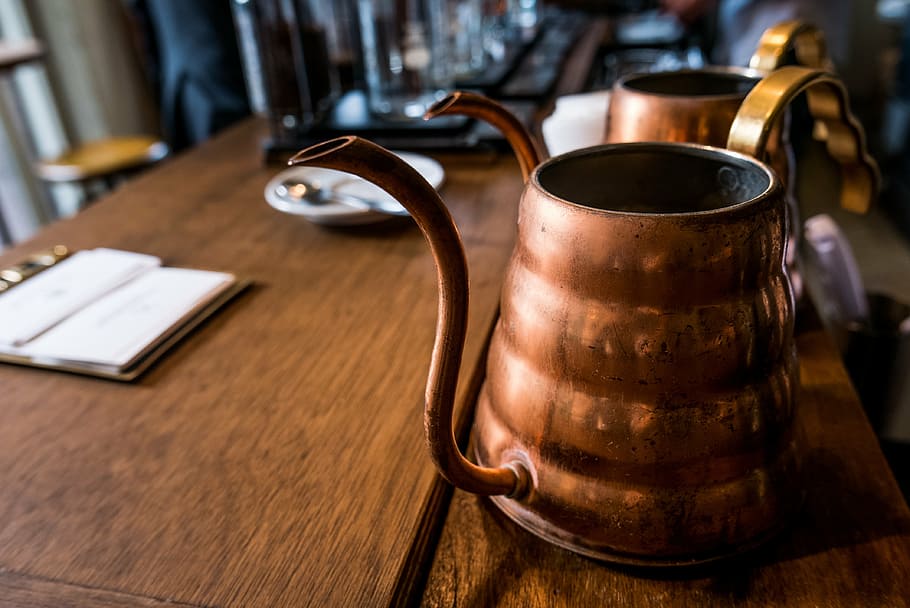 brown copper-colored teapot, copper pot, desk, kitchenware, old, rustic, table, tableware, teapot, vintage