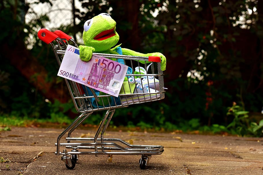 sentado, plateado, plegable, Kermit, carrito de compras, rana, ir de compras, diversión, peluche, juguetes