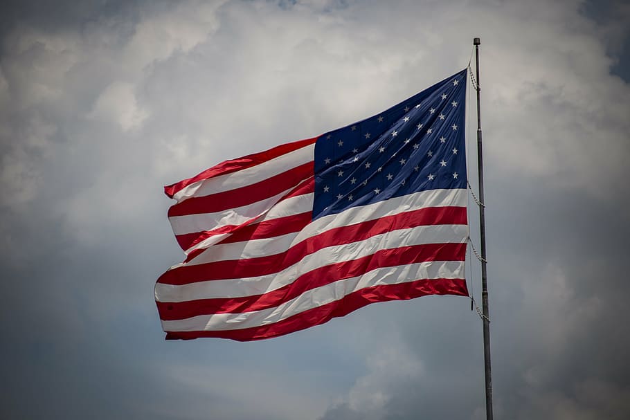 bandera, nosotros, gris, polo, cielo, nubes, Estados Unidos, américa, barras y estrellas, culturas
