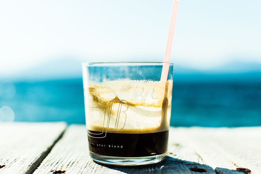 ice, cold, coffee, drink, beverage, chill, glass, wooden, table, beach
