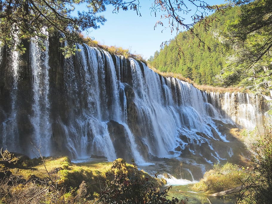 waterfalls, river, grass, trees, green, nature, rocks, nuoerliang waterfall, jiuzhaigou, china