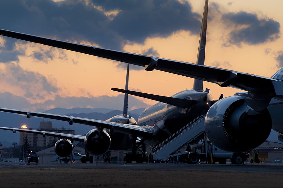 pesawat terbang, komersial, parkir, jalur penerbangan, jet, penerbangan, bandara, senja, malam, matahari terbenam