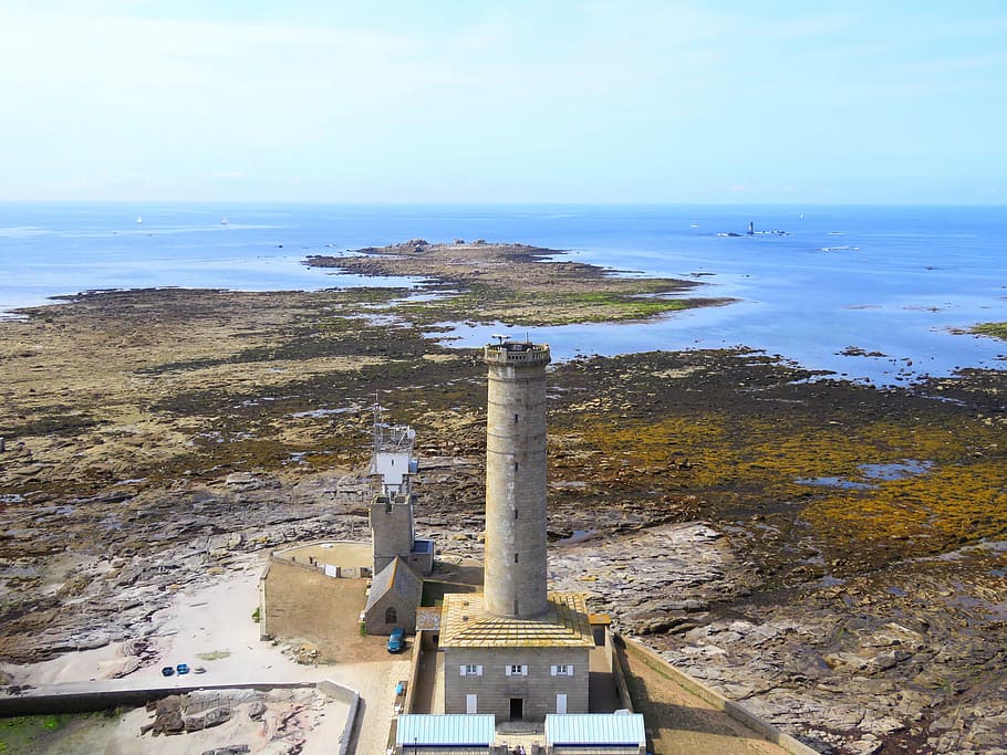 lighthouse, ocean, side, landscape, height, blue sky, rocks, brittany, nature, panoramic