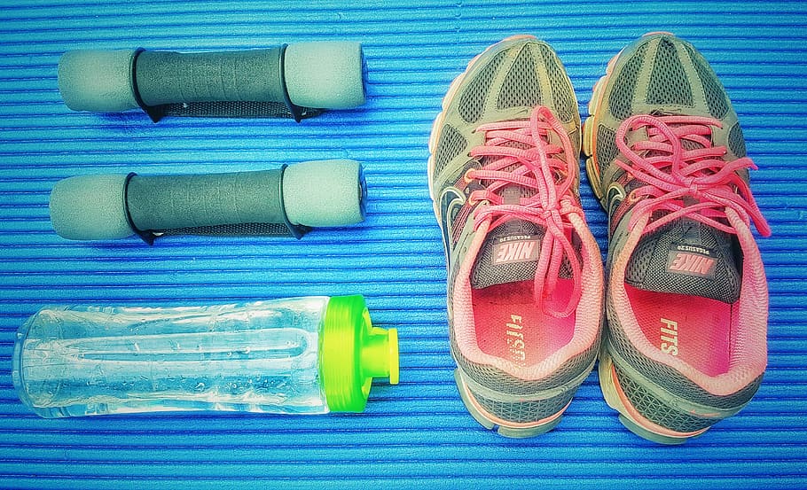 yoga, sport, trainers, weights, fitness, shoe, blue, pair, still life, indoors