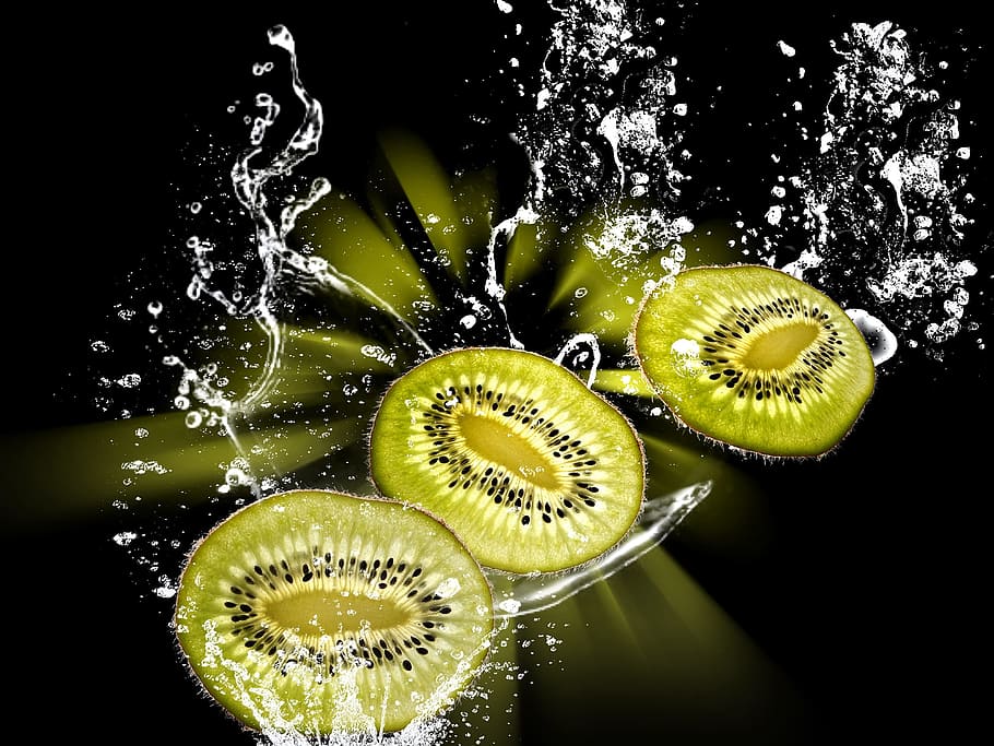 three, slice, kiwi illustration, kiwi, water splashes, water, fruits, drop of water, fruit, gluten