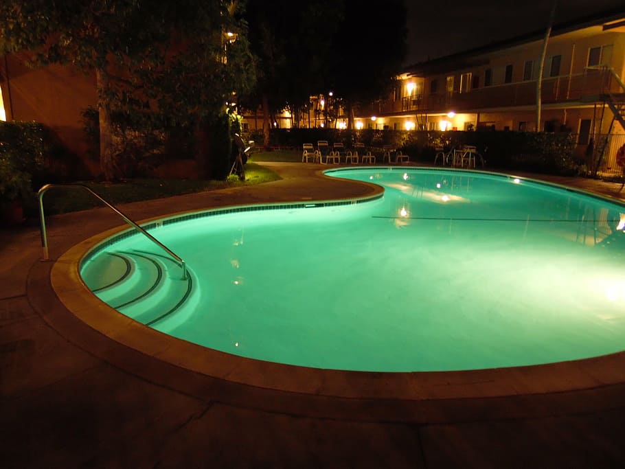 pool, night, swimming, water, residential, illuminated, swimming pool, green color, architecture, built structure