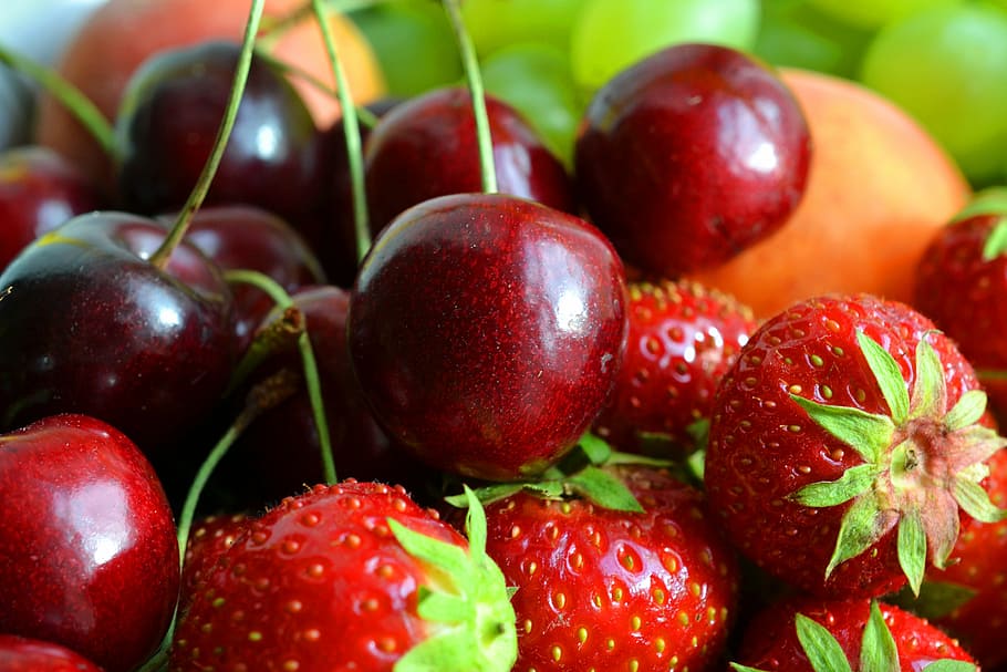 cherries and strawberries, fruit, fruits, fruit basket, cherries, strawberries, peach, grapes, food and drink, food