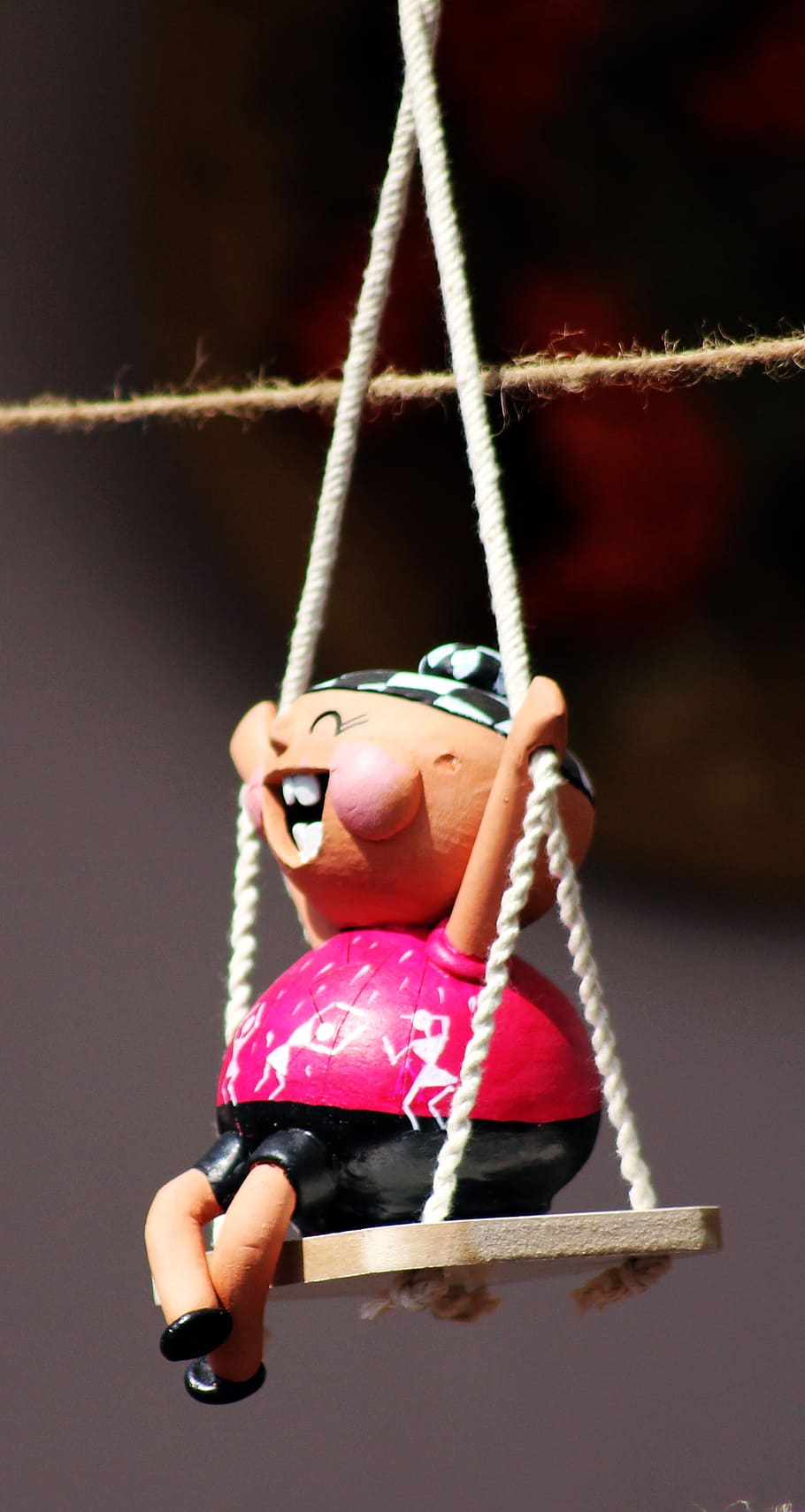 puppets, swing, toy, happy, play, rope, one person, hanging, focus on foreground, human body part