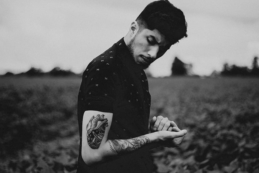 people, man, guy, black and white, arm, tattoo, blur, nature, outdoor, young adult