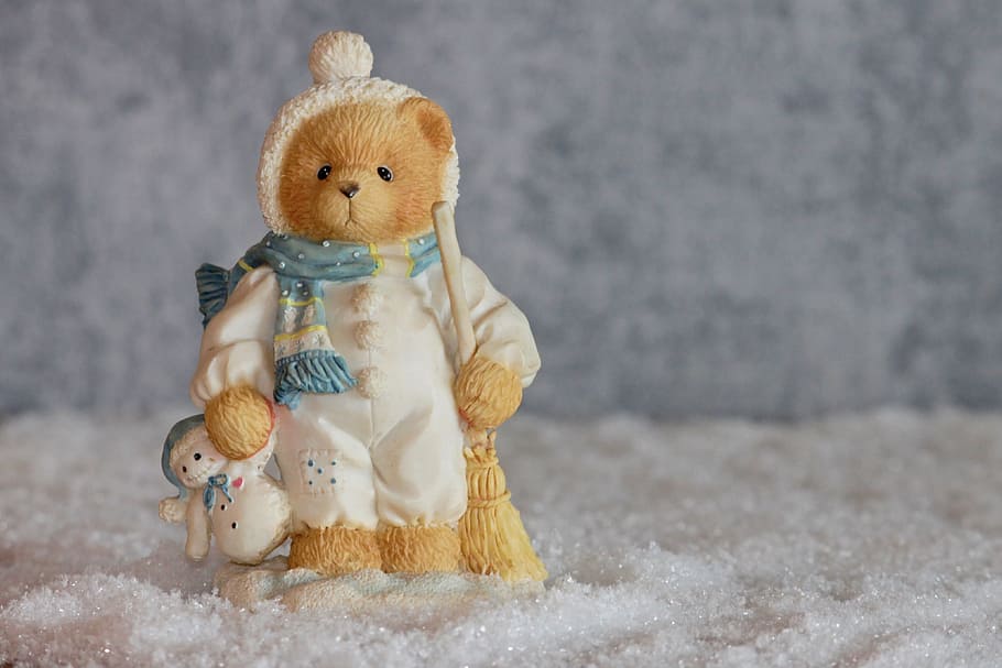 bear, wearing, pajamas figurine, winter, bears, figure, decoration, snow man, toys, whisk