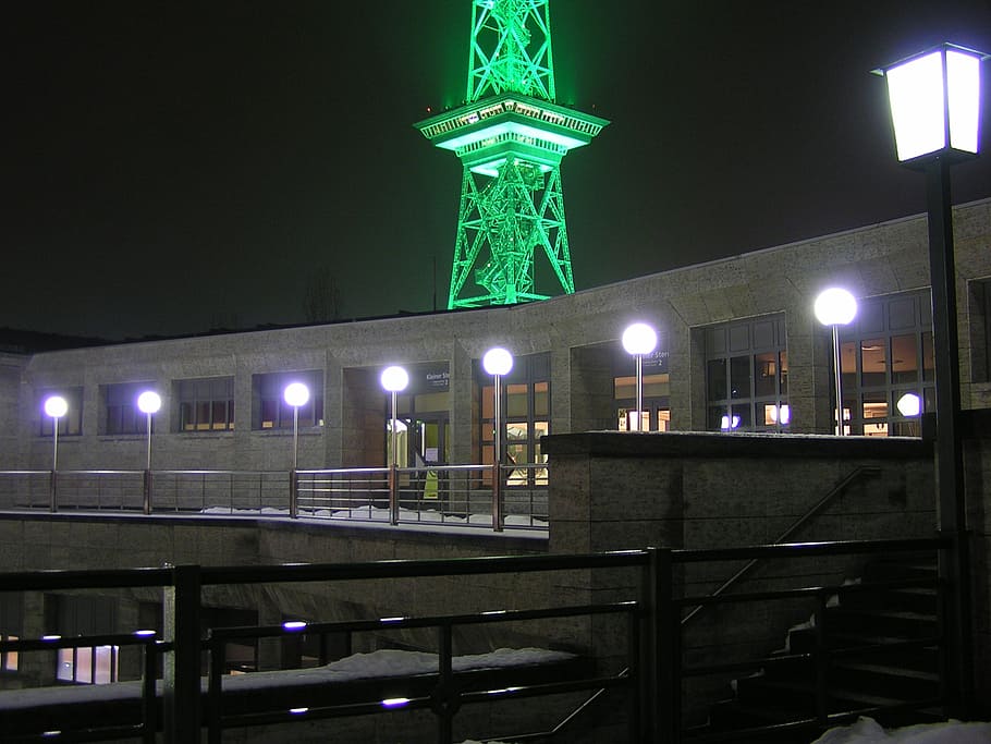 radio tower, berlin, lighting, night, green, illuminated, neon green, neon light, architecture, built structure