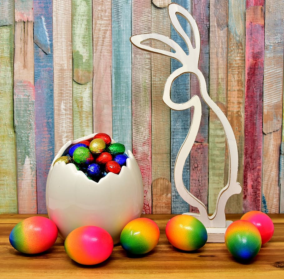 easter eggs, rabbit figure, easter, easter bunny, colorful, color, hare, spring, easter decoration, egg