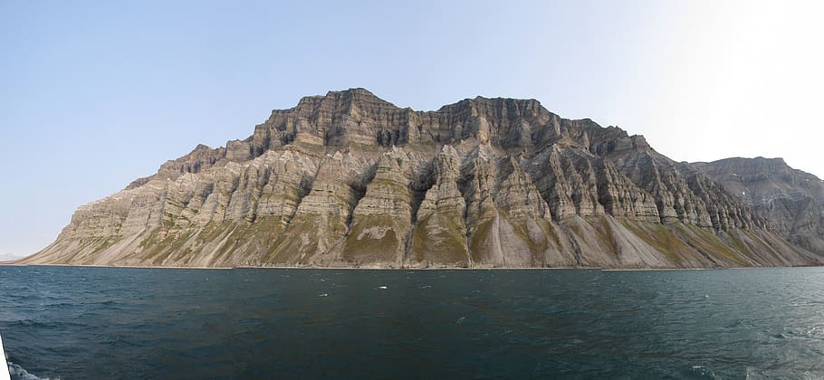 spitsbergen, svalbard, rock wall, landscape, erosion, geology, panorama, water, rock, rock - object