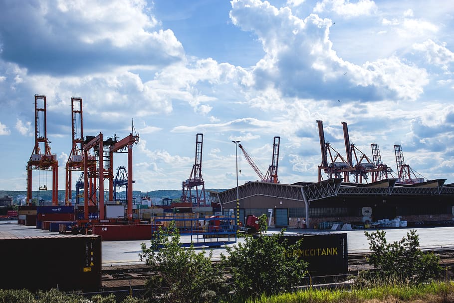 city, architecture, baltic, cargo, container, containers, crane, cranes, gdynia, harbor
