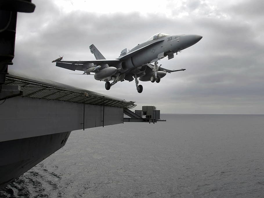 gray, fighter plane, take, aircraft, jet, military, f-18, super hornet, aircraft carrier, launch
