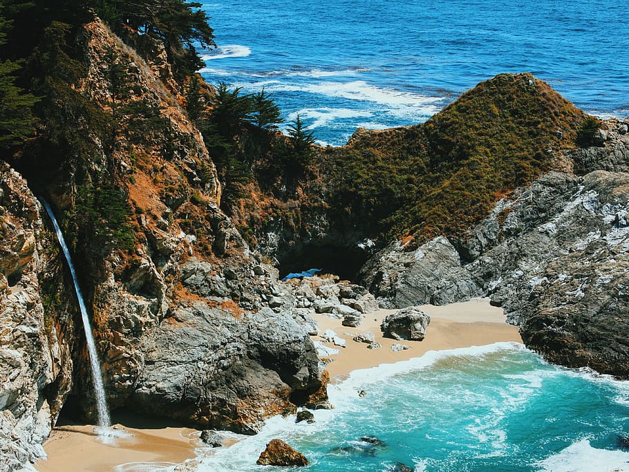 cachoeiras, oceano, mar, azul, água, ondas, natureza, rochas, praia, verão