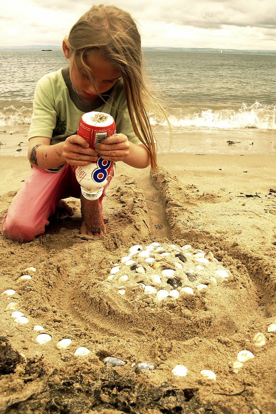 beach, sand castle, shells, child, playing, fun, play, childhood, kid, outdoor
