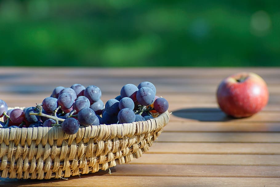 grapes, dark, fresh, shopping cart, apple, fruit, dining table, wooden, on the outside of the, garden