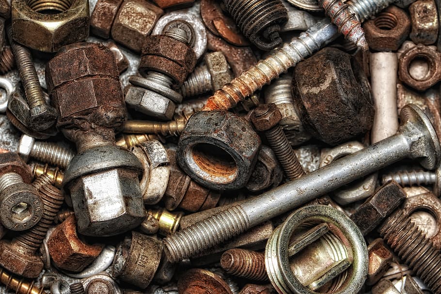 close-up photography, nuts, bolts, screw, iron, connection, metal, rusty, large group of objects, backgrounds