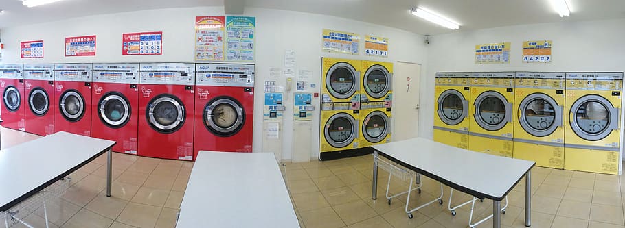 binatu, pengering, mesin cuci, mesin cuci otomatis, mesin, mandiri, merah, kuning, yasuura, yokosuka