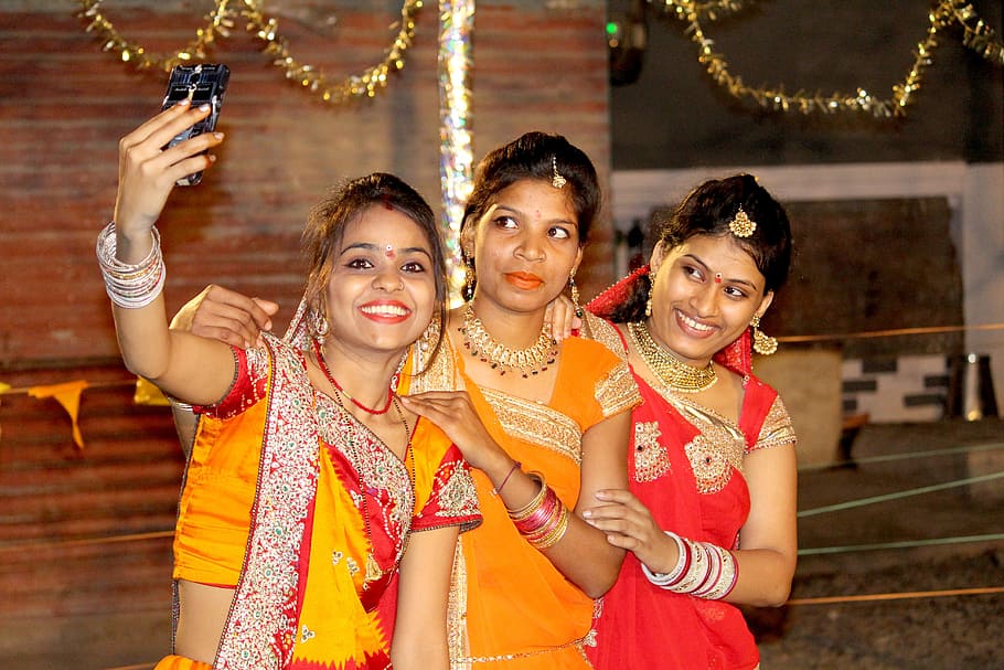 women taking groupie, people, woman, portrait, adult, selfie, female selfie, girls pic, indian pic, indian festival