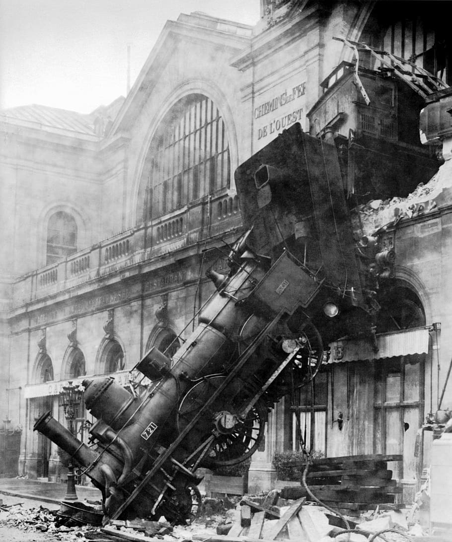 grayscale, train, building photography, train wreck, steam locomotive, locomotive, railway, railway station, montparnasse, 1895