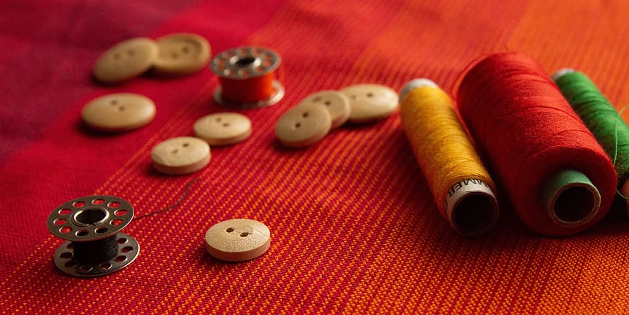 sewing, yarn, desktop, stitching, button, bobbin, red, cloth, fabric, art and craft