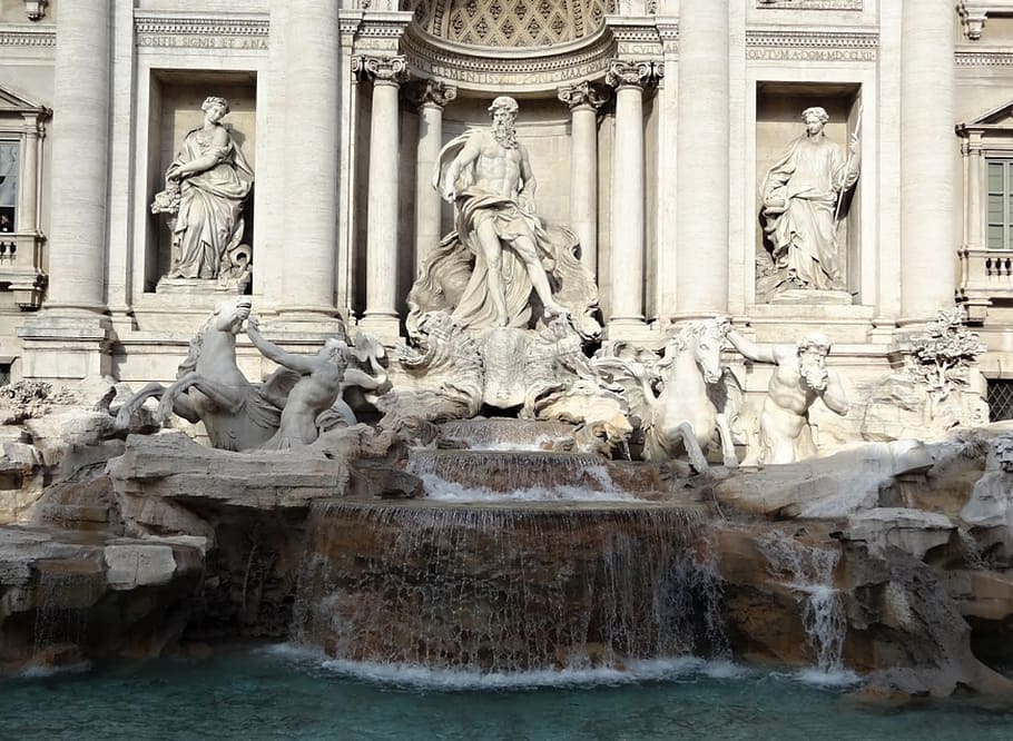 rome, trevi, art, fountain, trevi fountain, roman, monument, architecture, places of interest, antiquity