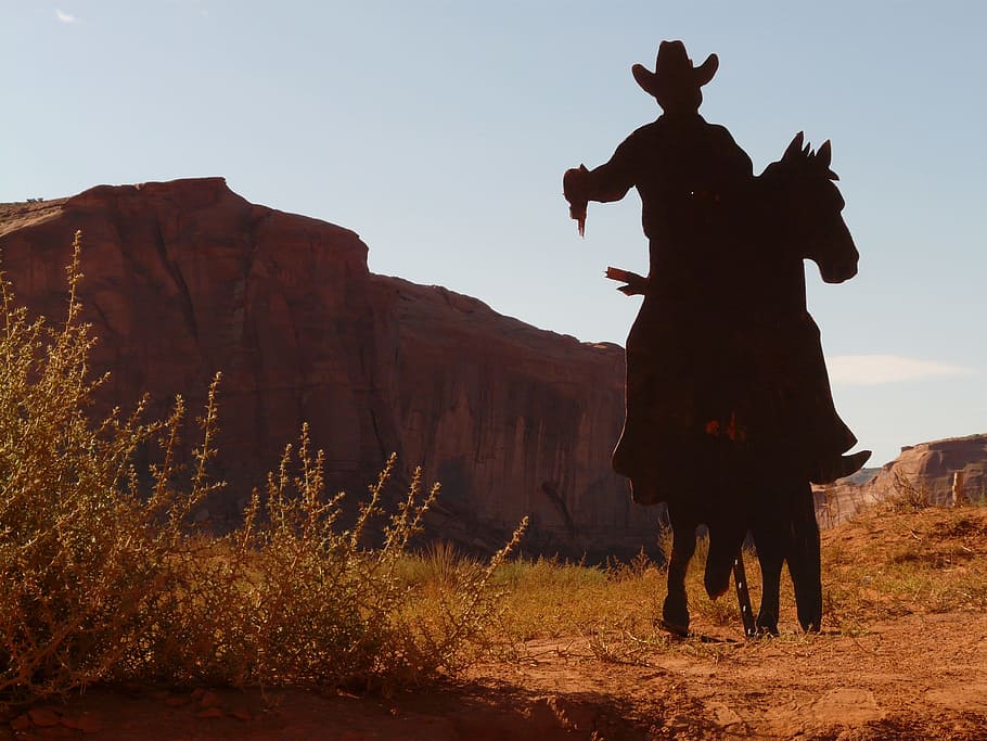 hombre, equitación, caballo, durante el día, vaquero, desierto, revólver, celebrada, paseo, disparar