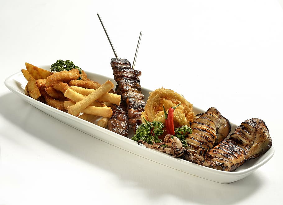 rectangular, white, ceramic, bowl, barbecue, food platter, beer match, grilled, meat, bbq
