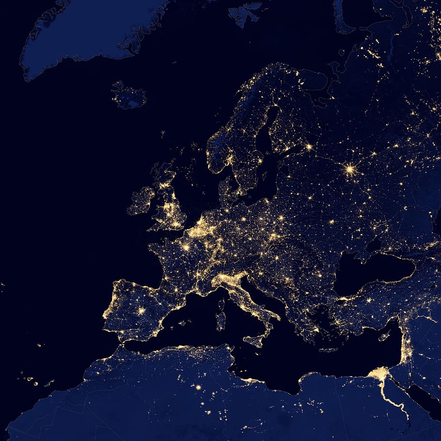 visão por satélite, período noturno, satélite, vista, europa, cidades, luzes, espaço, noite, mapa