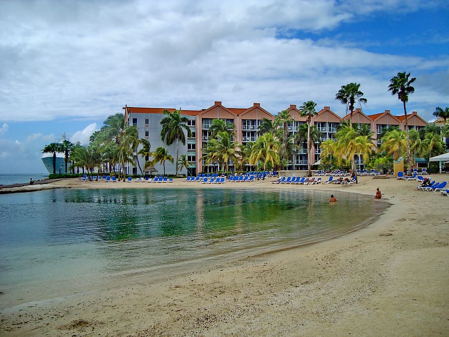 blue, beach lounge, white, red, buildings, Aruba, island, the island of aruba, oranjestad, beach