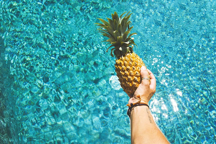 man, holding, pineapple fruit, water, pineapple, fruit, over water, food/Drink, food, healthy
