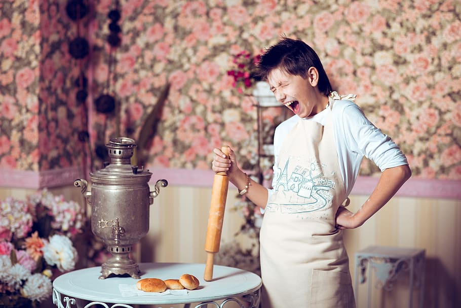 woman, holding, brown, wooden, rolling, pni, man, cooking, baking, gift